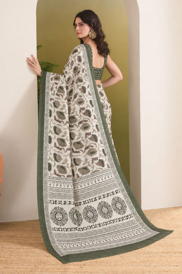 Green Floral Printed Silk Blend Ready to Wear Saree (ACB2783)