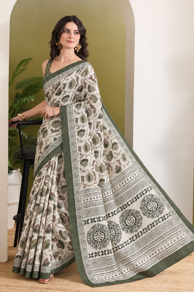 Green Floral Printed Silk Blend Ready to Wear Saree (ACB2783)
