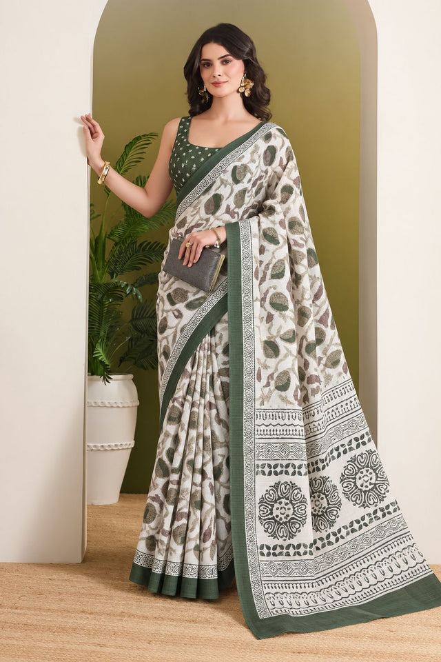 Green Floral Printed Silk Blend Ready to Wear Saree (ACB2783)