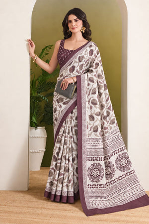 Wine Floral Printed Silk Blend Ready to Wear Saree (ACB2784)