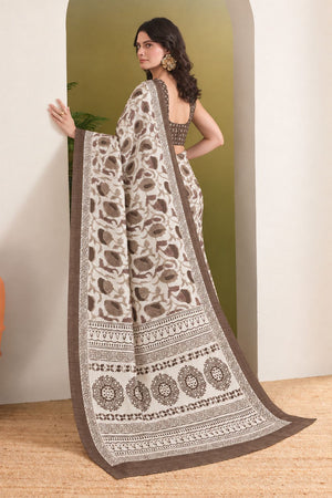 Brown Floral Printed Silk Blend Ready to Wear Saree (ACB2785)