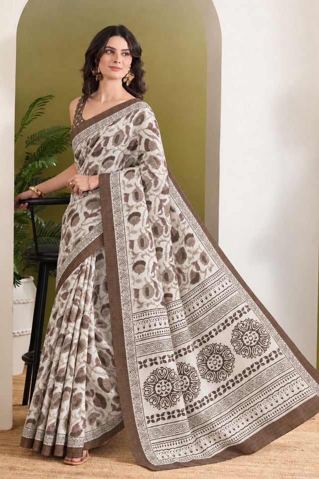 Brown Floral Printed Silk Blend Ready to Wear Saree (ACB2785)