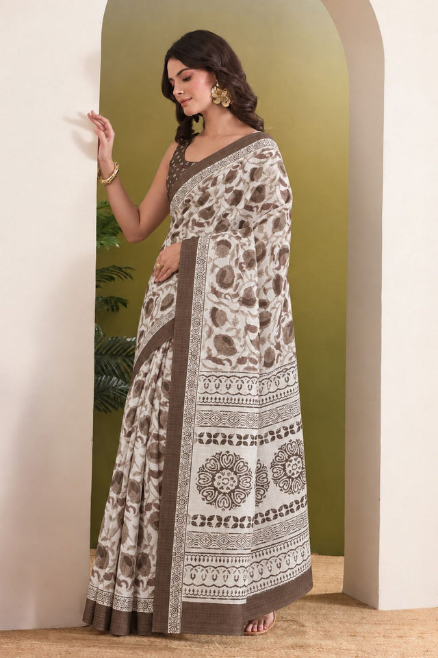 Brown Floral Printed Silk Blend Ready to Wear Saree (ACB2785)