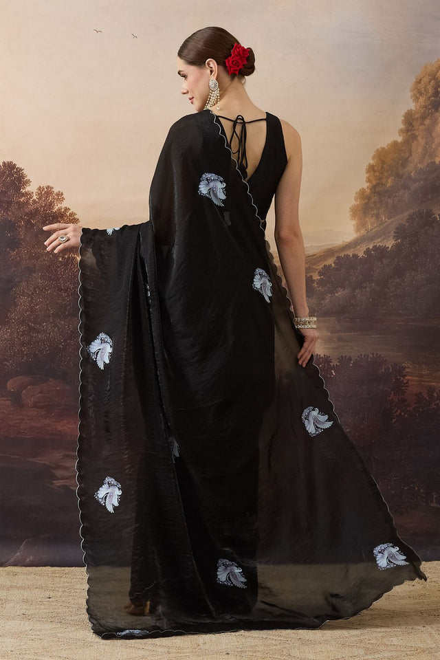 Black Printed Satin Ready to Wear Saree (ACB2787)