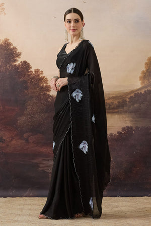 Black Printed Satin Ready to Wear Saree (ACB2787)