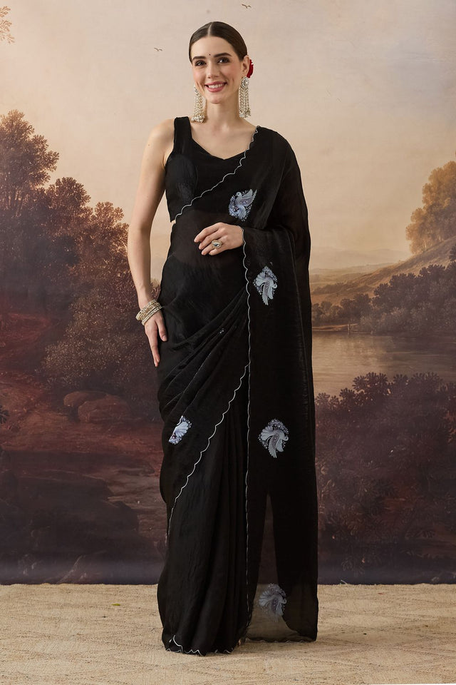 Black Printed Satin Ready to Wear Saree (ACB2787)