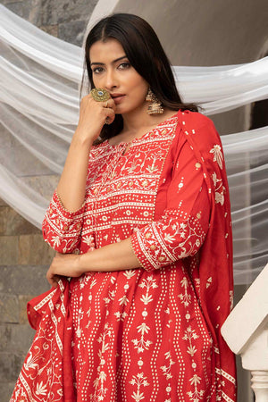 Red Cotton Sequins Work Anarkali Suit Set (ACW7375)