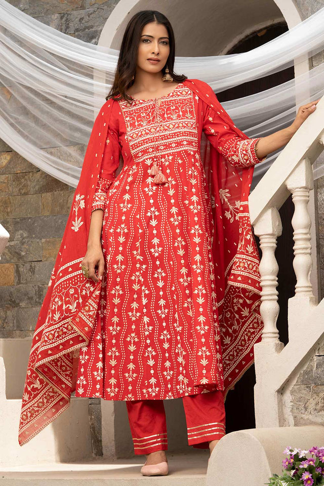 Red Cotton Sequins Work Anarkali Suit Set (ACW7375)