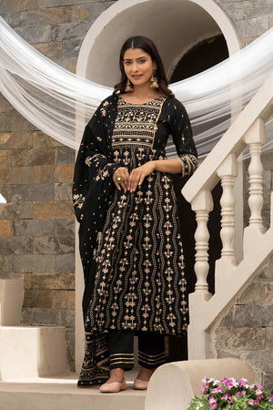 Black Cotton Sequins Work Anarkali Suit Set (ACW7376)