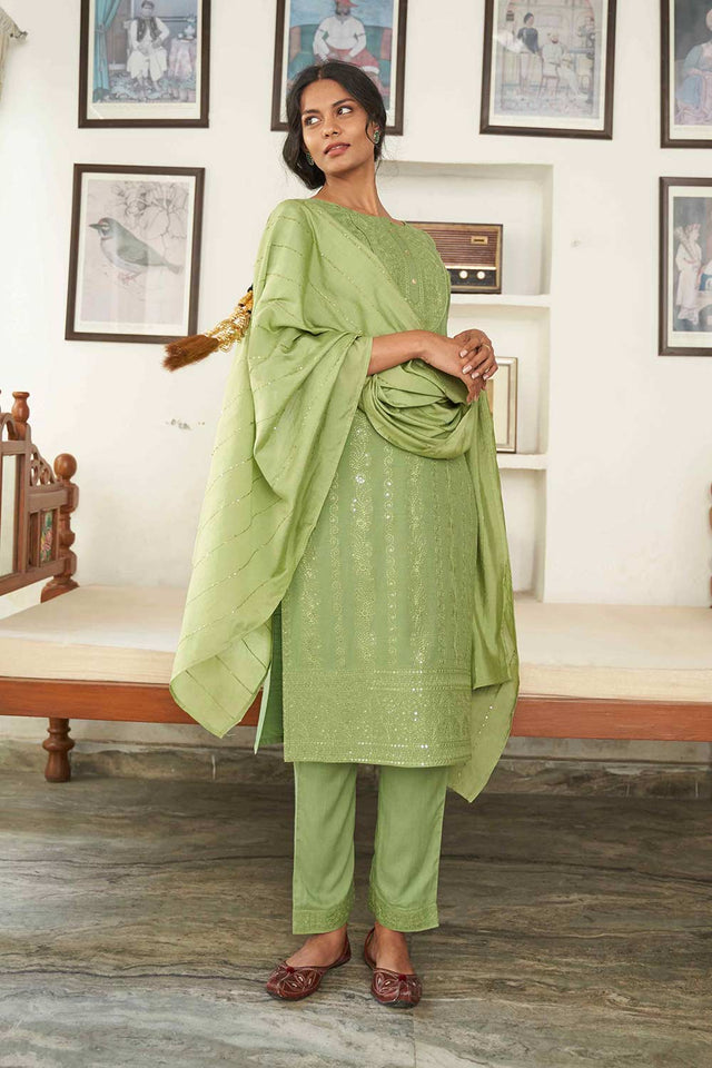 Green Rayon Embroideried Pant Suit Set (ACW7447)