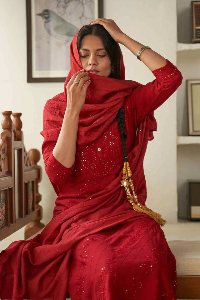 Maroon Rayon Embroideried Pant Suit Set (ACW7451)