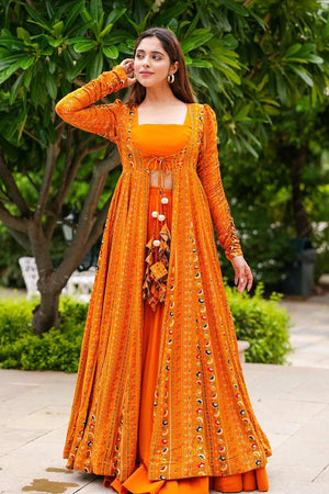 Yellow Faux Georgette Digital Printed Indo-Western Suit Set
