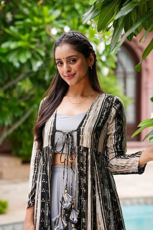 Grey Faux Georgette Digital Printed Indo-Western Suit Set