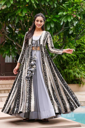 Grey Faux Georgette Digital Printed Indo-Western Suit Set