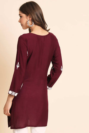 Maroon Rayon Chikankari Embroiderd Work Kurti (ACW7675)