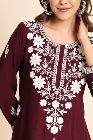 Maroon Rayon Chikankari Embroiderd Work Kurti (ACW7675)