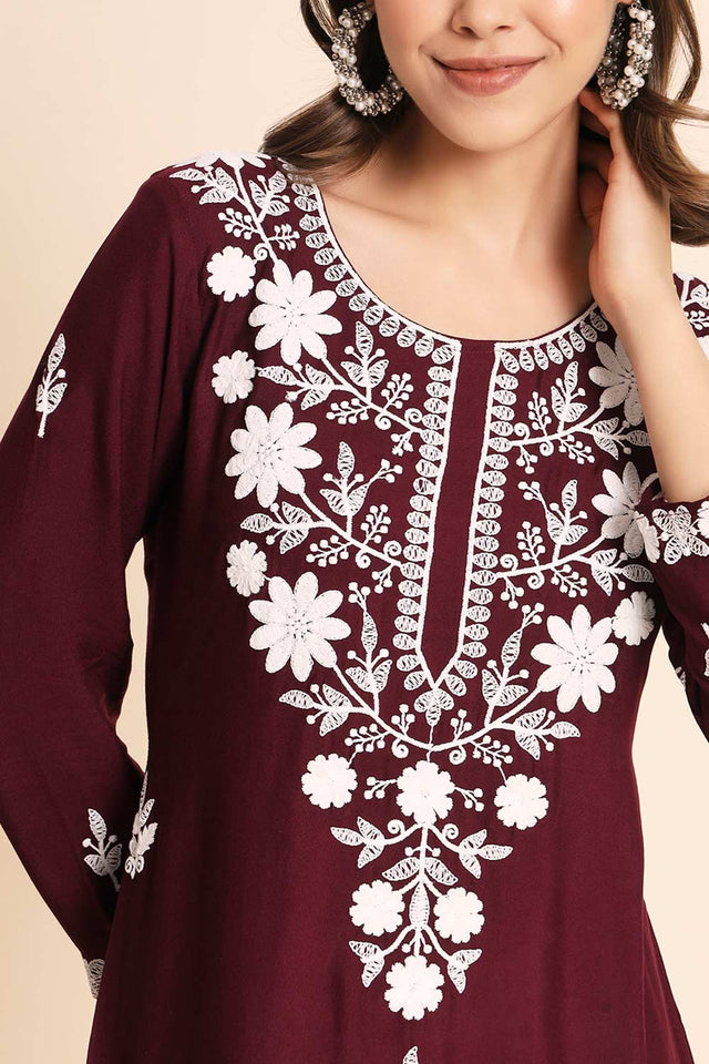 Maroon Rayon Chikankari Embroiderd Work Kurti (ACW7675)