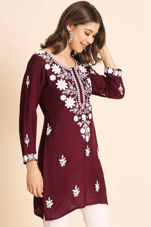 Maroon Rayon Chikankari Embroiderd Work Kurti (ACW7675)