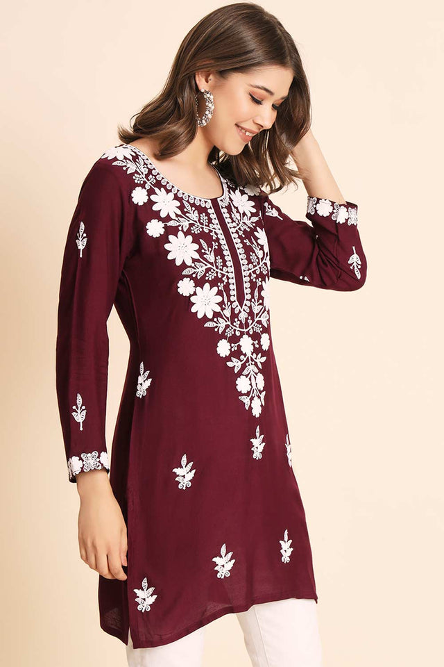 Maroon Rayon Chikankari Embroiderd Work Kurti (ACW7675)