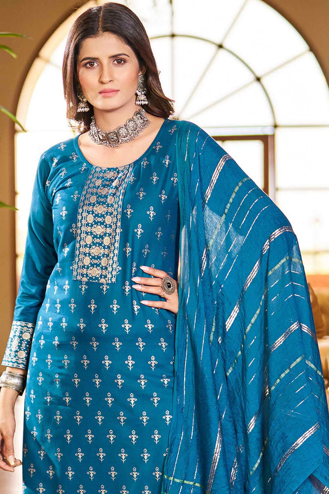 Blue Rayon Printed Kurti Pant Set (ACW7770)
