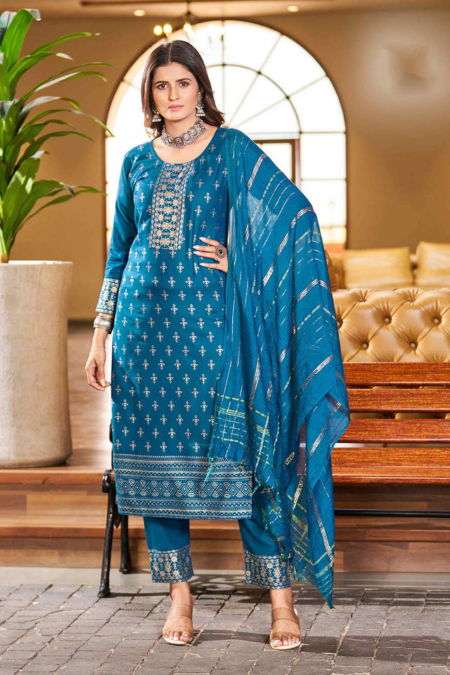 Blue Rayon Printed Kurti Pant Set (ACW7770)