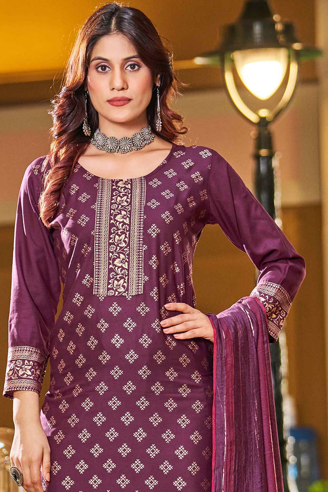 Wine Rayon Printed Kurti Pant Set (ACW7771)