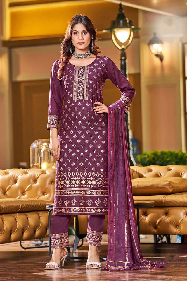 Wine Rayon Printed Kurti Pant Set (ACW7771)