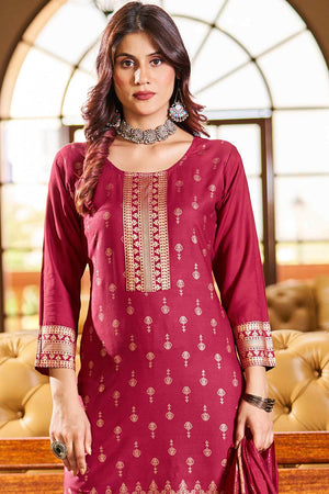Maroon Rayon Printed Kurti Pant Set (ACW7773)