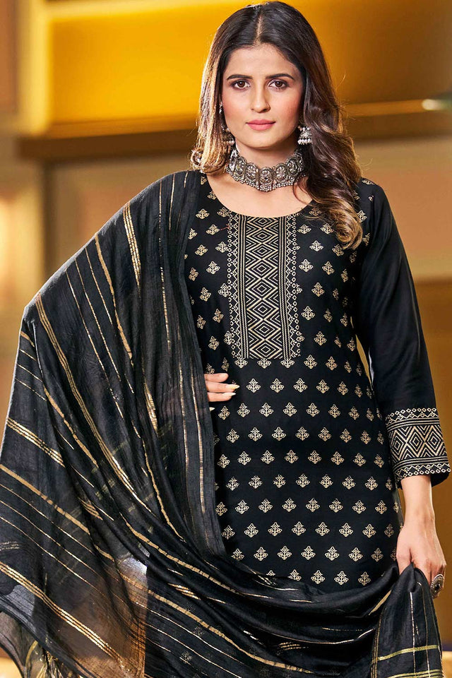 Black Rayon Printed Kurti Pant Set (ACW7775)