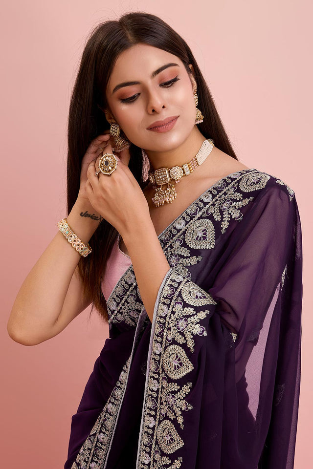 Purple Georgette Embroidered Saree (ACY6727)