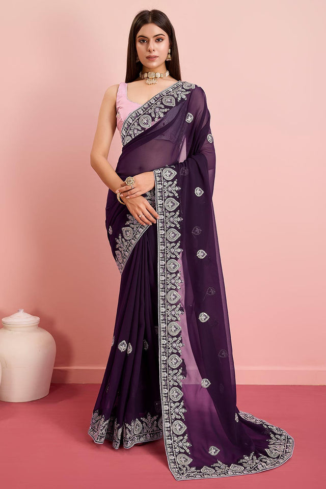 Purple Georgette Embroidered Saree (ACY6727)