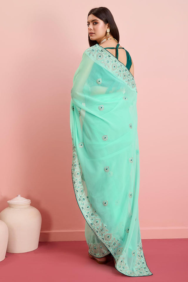 Sea Green Georgette Embroidered Saree (ACY6728)