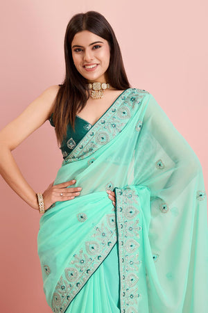 Sea Green Georgette Embroidered Saree (ACY6728)