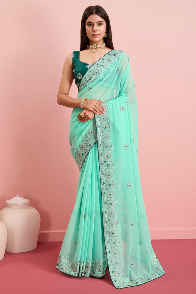 Sea Green Georgette Embroidered Saree (ACY6728)