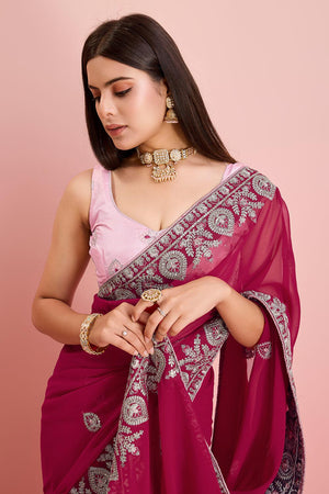 Pink Georgette Embroidered Saree (ACY6729)