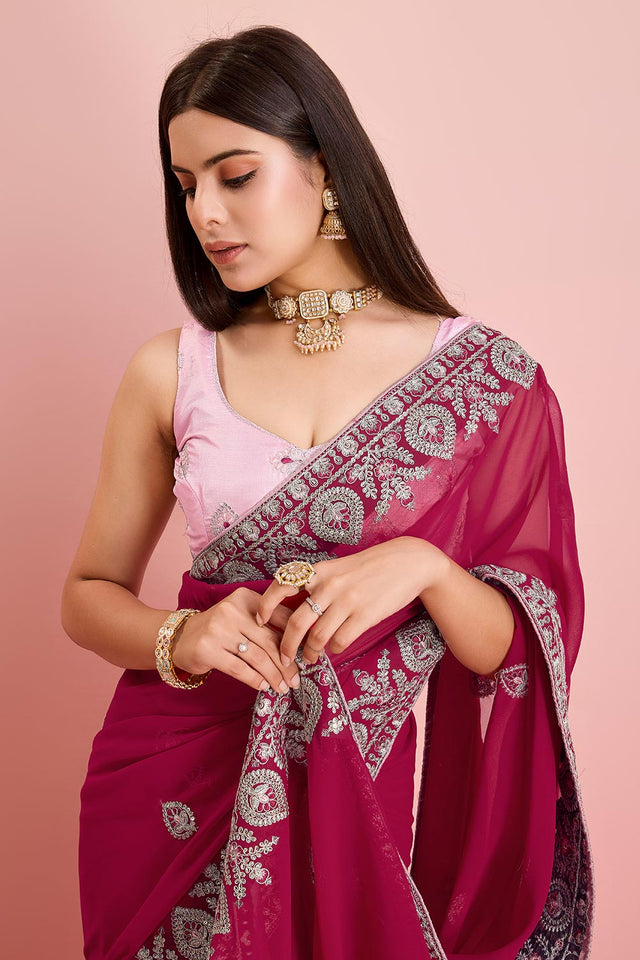 Pink Georgette Embroidered Saree (ACY6729)