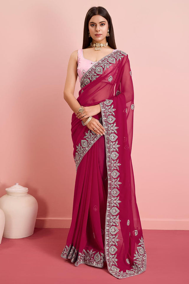 Pink Georgette Embroidered Saree (ACY6729)