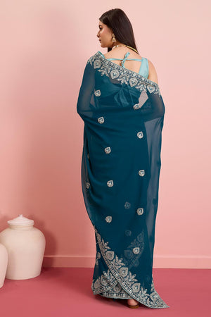 Teal Blue Georgette Embroidered Saree (ACY6730)