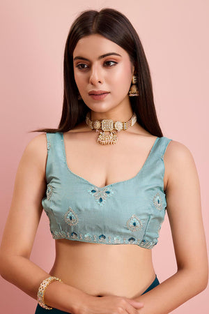 Teal Blue Georgette Embroidered Saree (ACY6730)