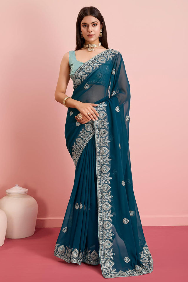 Teal Blue Georgette Embroidered Saree (ACY6730)