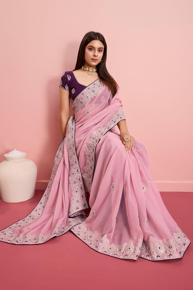 Pink Georgette Embroidered Saree (ACY6731)