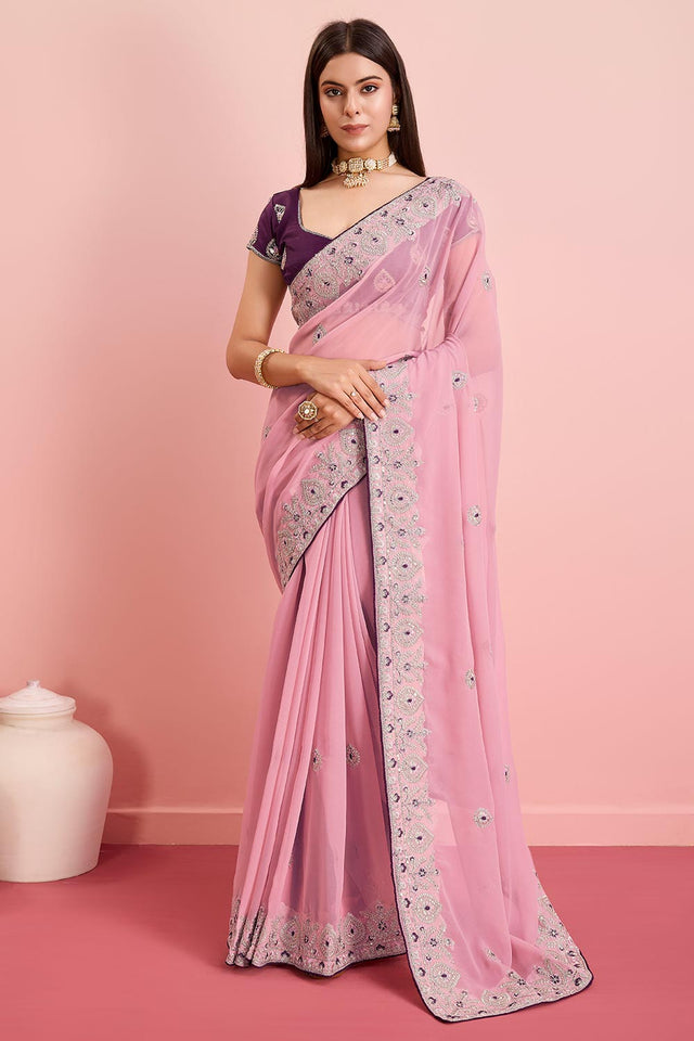 Pink Georgette Embroidered Saree (ACY6731)