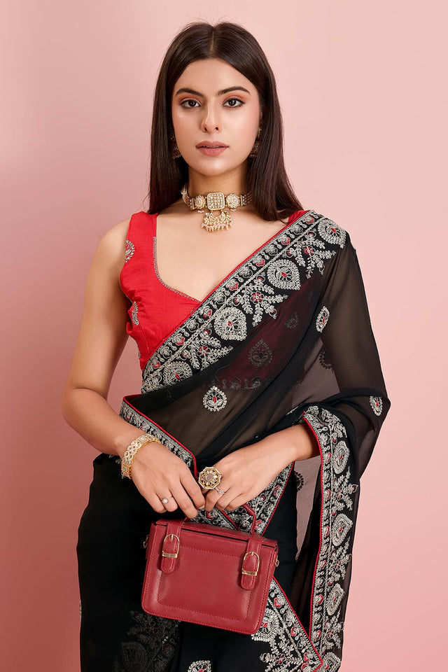 Black Georgette Embroidered Saree (ACY6732)