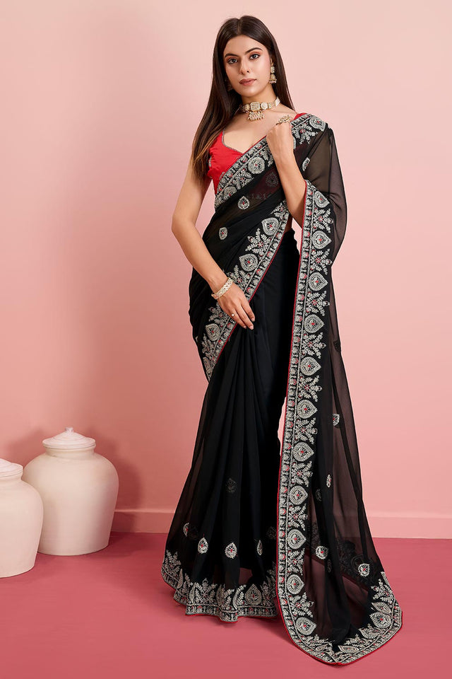 Black Georgette Embroidered Saree (ACY6732)