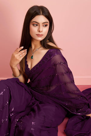 Purple Georgette Embroidered Saree (ACY6812)
