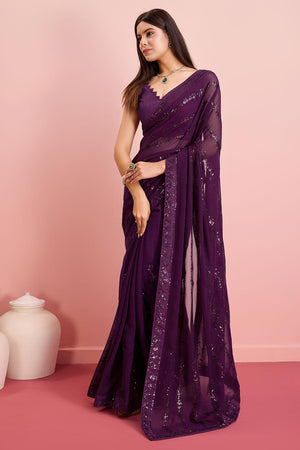 Purple Georgette Embroidered Saree (ACY6812)