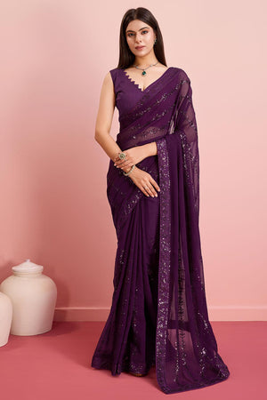 Purple Georgette Embroidered Saree (ACY6812)