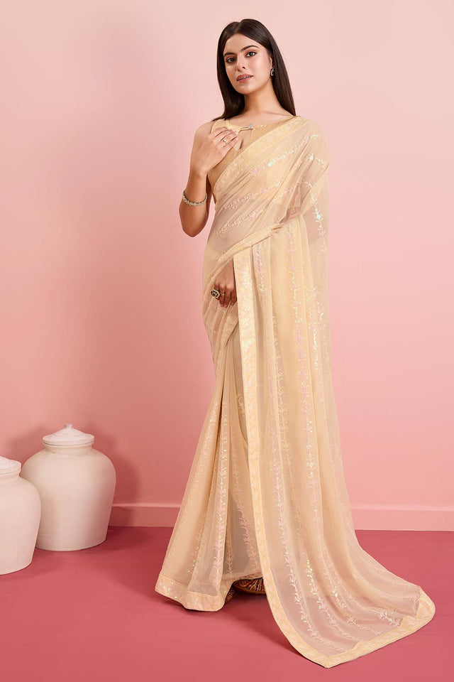 Beige Georgette Embroidered Saree (ACY6813)