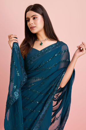 Teal Blue Georgette Embroidered Saree (ACY6814)