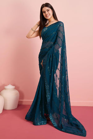 Teal Blue Georgette Embroidered Saree (ACY6814)